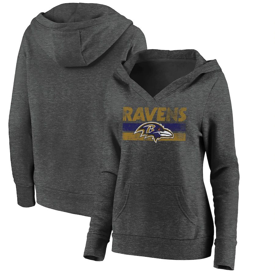 Women Baltimore Ravens Fanatics Branded Heathered Charcoal First String V-Neck Pullover Hoodie->women nfl jersey->Women Jersey